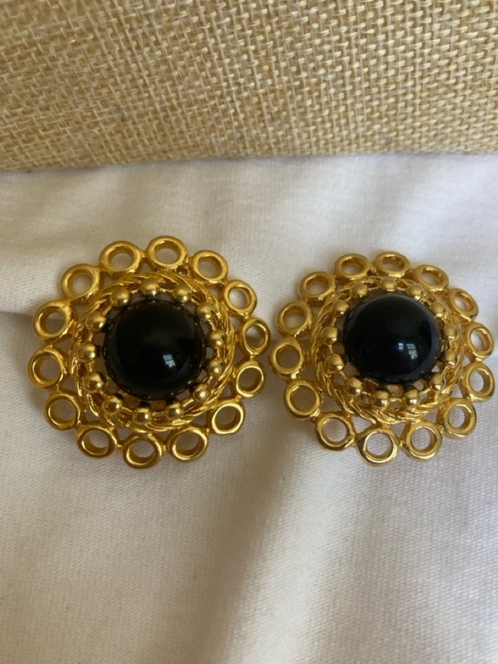 Paolo Gucci Vintage Clip Earrings Black Cabochon Filigree Gold Tone
